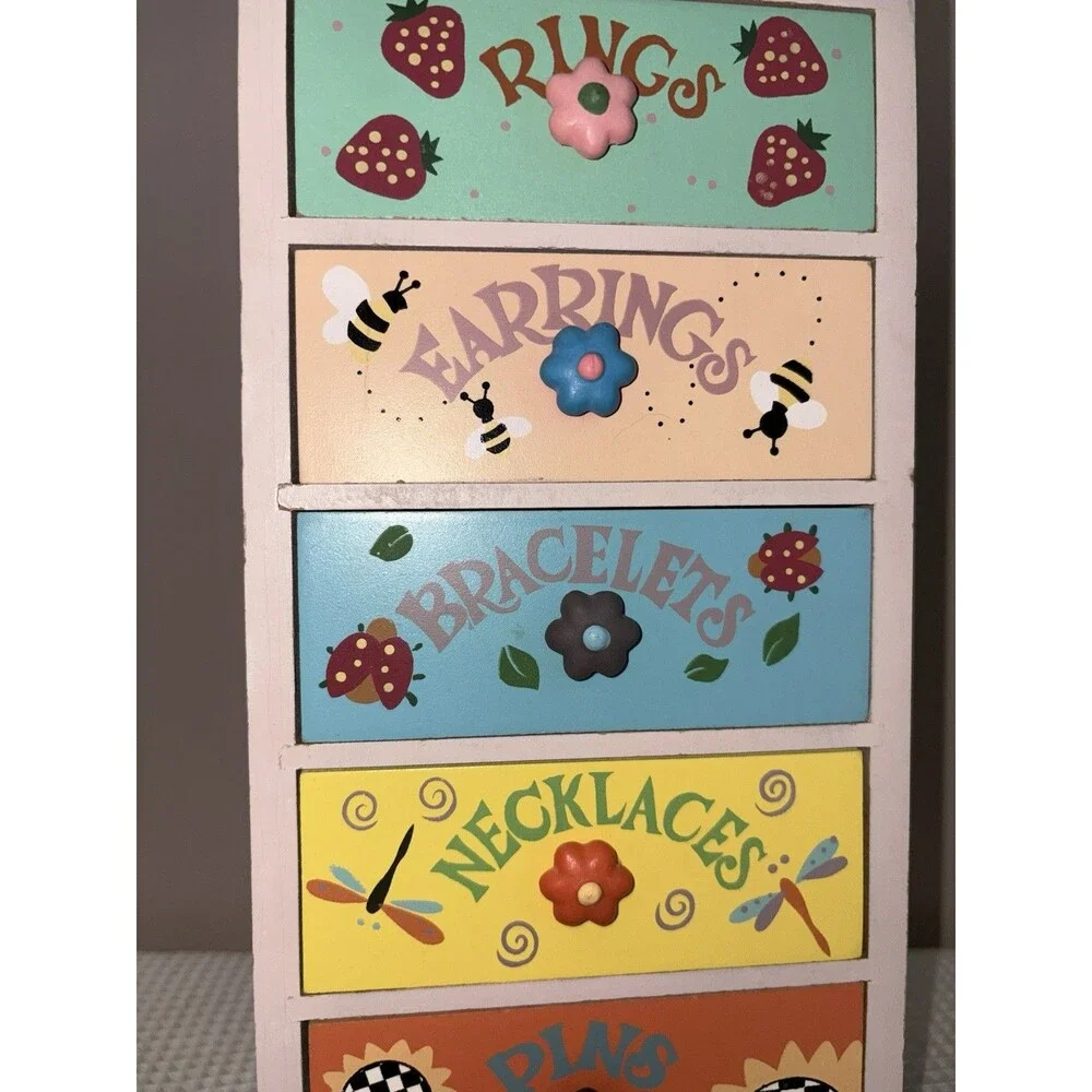 Vintage Y2K Wooden Mini Dresser Jewelry Box Kids Girls Hand Painted Trinket